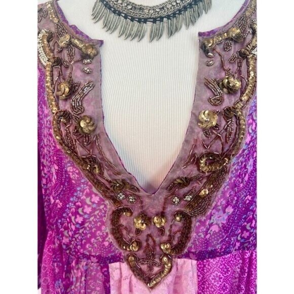 VTG Free People Purple Patchwork Chiffon Top | Boho Grunge Fairy Whimsigoth Y2K - Picture 4 of 16